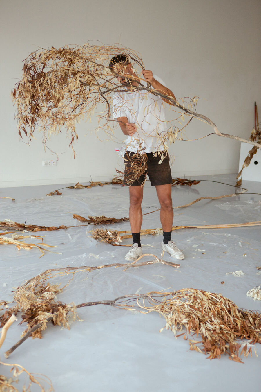 Luca Vanello trabajando con material vegetal en el estudio